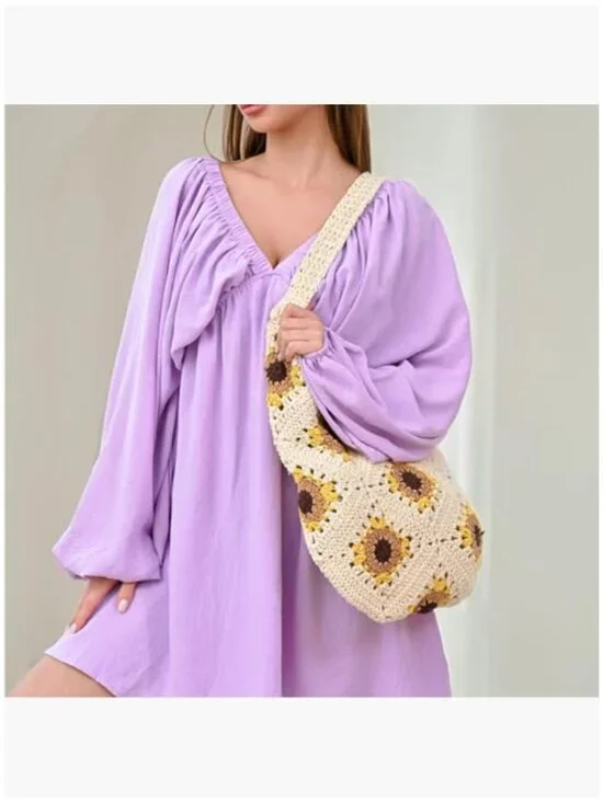 Crochet Beach Tote Bag for Women, Cotton Hobo Purse - Picture 2 of 7